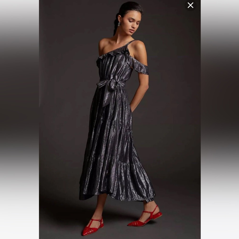 Anthropologie Maeve One Shoulder Metallic Dress - Silver size small
